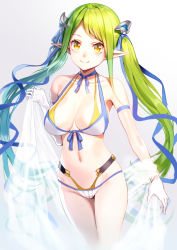 Rule 34 | 1girl, bare shoulders, bikini, blue ribbon, blush, breasts, cleavage, collarbone, cowboy shot, elbow gloves, elf, front-tie bikini top, front-tie top, gloves, green hair, hair ornament, hair ribbon, halterneck, large breasts, layered bikini, legs together, long hair, looking at viewer, navel, ogino (oginogino), original, pointy ears, ribbon, simple background, single elbow glove, smile, solo, standing, swimsuit, twintails, very long hair, white gloves, yellow eyes