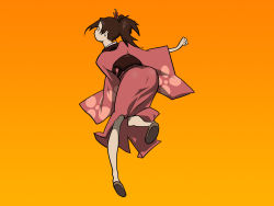 Rule 34 | 00s, 1girl, ass, brown footwear, from behind, full body, fuu (samurai champloo), highres, japanese clothes, kimono, long sleeves, orange background, ponytail, running, samurai champloo, shoes, short hair, simple background, solo, wallpaper, wide sleeves
