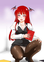 Rule 34 | 1girl, black footwear, blush, book, breasts, cleavage, commentary request, demon girl, gradient background, hand on own knee, head wings, highres, koakuma, long hair, naughty face, open mouth, panties, pantyhose, pantyshot, pencil skirt, pink eyes, puffy sleeves, red hair, shiraue yuu, shoes, skirt, solo, squatting, touhou, underwear, wings