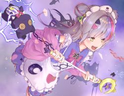 Rule 34 | 1girl, :d, apron, character doll, detached sleeves, double bun, hair bun, hair ornament, hairclip, harapeko zombie inu, highres, holding, holding staff, hololive, jacket, lolita fashion, long hair, magic, magical girl, maid headdress, multicolored hair, murasaki shion, murasaki shion (magical girl maid), open mouth, pink hair, pink jacket, purple hair, shiokko (murasaki shion), silver hair, sleeveless, smile, solo, staff, streaked hair, stuffed animal, stuffed cat, stuffed toy, sweet lolita, triangle hair ornament, v-shaped eyebrows, virtual youtuber, w arms, white apron, yellow eyes