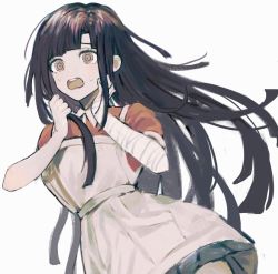 Rule 34 | 1girl, apron, bandages, black hair, blunt bangs, brown eyes, collared shirt, commentary request, contrapposto, cowboy shot, danganronpa (series), danganronpa 2: goodbye despair, dutch angle, grey apron, grey background, grey skirt, hand on own cheek, hand on own face, hands up, holding, holding own hair, long hair, looking at viewer, mole, mole under eye, nokoru sora, open mouth, orange shirt, pleated skirt, shirt, short sleeves, simple background, skirt, solo, sweat, teeth, tsumiki mikan, upper teeth only, white apron