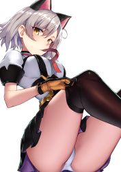 Rule 34 | 1girl, absurdres, animal ears, ass, black skirt, breasts, brown thighhighs, cat ears, extra ears, girls&#039; frontline, gloves, grey hair, highres, large breasts, legs up, looking at viewer, miniskirt, mouth hold, panties, pleated skirt, ryuinu, shirt, short hair, short sleeves, simple background, skirt, solo, thighhighs, thighs, underbust, underwear, vector (girls&#039; frontline), white background, white panties, white shirt, yellow eyes