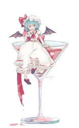 Rule 34 | 1girl, absurdres, ascot, back bow, bat wings, black footwear, black wings, blood, blood drip, blue hair, blush stickers, bow, closed mouth, collared shirt, commentary request, cup, detached wings, drinking glass, footwear bow, frilled hat, frilled shirt collar, frilled skirt, frilled socks, frilled wrist cuffs, frills, full body, gem, green gemstone, hand to own mouth, hat, hat bow, highres, long skirt, looking at viewer, mob cap, nail polish, oversized object, pink wrist cuffs, puffy short sleeves, puffy sleeves, red ascot, red bow, red eyes, red nails, remilia scarlet, ribbon-trimmed skirt, ribbon trim, shirt, shoes, short hair, short sleeves, signature, sitting, skirt, skirt set, smile, socks, solo, touhou, voal, white background, white hat, white shirt, white skirt, white socks, wine glass, wings, wrist cuffs