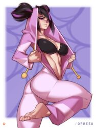 Rule 34 | 1girl, ass, black bra, black hair, bra, breasts, capcom, hair through hood, han juri, highres, hood, hood up, hooded pajamas, large breasts, looking at viewer, medium breasts, multicolored hair, open clothes, open pajamas, pajamas, pink pajamas, purple eyes, short hair, smile, solo, street fighter, street fighter 6, street fighter v, toeless legwear, underwear, unzipped, upsi1on