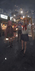 Rule 34 | 4girls, absurdly detailed background, absurdres, air conditioner, awning, beer crate, billboard, black footwear, black pantyhose, black ribbon, black skirt, black socks, blonde hair, blue eyes, blue hair, bocchi the rock!, bottle, bow, bowtie, building, city lights, commentary, cube hair ornament, food stand, gotoh hitori, grin, guitar case, hair ornament, highres, ijichi nijika, inkrua, instrument case, jacket, kita ikuyo, kneehighs, lamppost, lantern, loafers, long hair, long sleeves, looking at viewer, lots of light reflection, miniskirt, multicolored paper lantern, multiple girls, neck ribbon, nervous, open mouth, pantyhose, paper lantern, pink hair, pink jacket, polka dot bowtie, ponytail, power lines, red bow, red bowtie, red eyes, red hair, red paper lantern, reflection, reflective floor, ribbon, road, roof shingles, sailor collar, scenery, school uniform, shirt, shoes, short hair, short sleeves, shuka high school uniform, sign on roof, skirt, skyline, skyscraper, smile, socks, store sign, street, utility pole, v, very long hair, waving hands, white paper lantern, white sailor collar, white shirt, white socks, yamada ryo, yellow eyes, yellow paper lantern