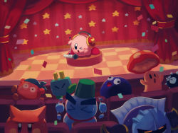 Rule 34 | annoyed, bandana waddle dee, cappy (kirby), checkered floor, chilly (kirby), confetti, copy ability, gooey (kirby), gordo, headphones, highres, kirby, kirby (series), meta knight, microphone, mike kirby, music, nintendo, no humans, one eye closed, plugg (kirby), scarfy, singing, stage, star (symbol), suyasuyabi, sweat, theater