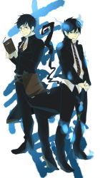 2boys ao_no_exorcist blouse brothers collared_shirt exorcist flaming_sword flaming_weapon full_body glasses hair_between_eyes katana male_focus multiple_boys okumura_rin okumura_yukio pointy_ears school_uniform sheath sheathed shirt siblings standing swept_bangs sword weapon white_background white_shirt