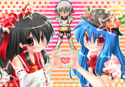 Rule 34 | 00s, 1boy, 2girls, black hair, blue hair, blush, bow, brown eyes, buront, crossed arms, detached sleeves, final fantasy, final fantasy xi, food, fruit, grey hair, hair bow, hakurei reimu, hat, heart, heart hands, heart hands duo, hinanawi tenshi, japanese clothes, long hair, m.u.g.e.n, miko, multiple girls, nagare, peach, pink eyes, pointy ears, sweatdrop, symmetrical hand pose, the iron of yin and yang, the legend of gluttony, touhou