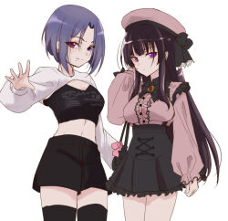 Rule 34 | &gt;:), 2girls, arm at side, assault lily, bag, beret, black bow, black bowtie, black hair, black headwear, black shirt, black shorts, black thighhighs, blue eyes, blue hair, blunt bangs, bob cut, bow, bowtie, breasts, buttons, center frills, closed mouth, collared shirt, commentary request, cowboy shot, crop top, cross-laced clothes, cross-laced skirt, earrings, frilled bow, frilled shirt, frilled skirt, frilled sleeves, frills, hand in own hair, hand up, hat, hat bow, heterochromia, high-waist skirt, jewelry, kagawa makina, long hair, long sleeves, looking at viewer, medium breasts, midriff, miniskirt, mole, mole under mouth, morimoto yuni, multiple girls, parted bangs, pink eyes, pink shirt, purple eyes, purple hair, shirt, short hair, shorts, shoulder bag, shrug (clothing), sidelocks, simple background, skirt, sleeve bow, sleeves past wrists, standing, thighhighs, urutsu sahari, v-shaped eyebrows, very long hair, white background