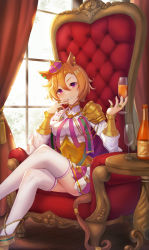 Rule 34 | 1girl, absurdres, animal ears, armor, bottle, breasts, champagne flute, corset, covered navel, crossed legs, crown, cup, curtains, drinking glass, ear piercing, feet out of frame, highres, holding, holding cup, horse ears, horse girl, horse tail, indoors, jewelry, looking at viewer, medium breasts, mini crown, multiple rings, orange hair, piercing, purple eyes, ring, shirt, short hair, shoulder armor, sitting, skirt, smile, solo, t.m. opera o (umamusume), table, tail, teeth, thighhighs, throne, umamusume, vococo, white shirt, white thighhighs, window