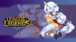 Rule 34 | 1girl, ass, bandages, breasts, female focus, highres, horns, kaka cheung, league of legends, long hair, pointy ears, solo, soraka (league of legends), star (symbol), tattoo, white hair, yellow eyes