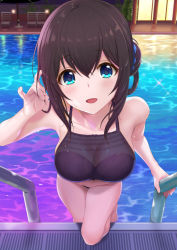 Rule 34 | 1girl, alternate costume, azuki yui, bare shoulders, barefoot, bikini, black hair, blue bikini, blue eyes, breasts, commentary request, covered navel, fox shadow puppet, from above, hair up, idolmaster, idolmaster cinderella girls, idolmaster cinderella girls starlight stage, indoors, ladder, large breasts, long hair, looking at viewer, open mouth, pool, pool ladder, poolside, purple bikini, sagisawa fumika, see-through, solo, sunset, swimsuit, thighs, water, wet