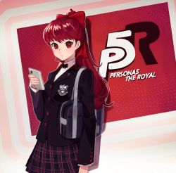Rule 34 | 1girl, black jacket, blazer, bow, byoru, cellphone, copyright name, hair bow, highres, jacket, long hair, looking at viewer, pantyhose, persona, persona 5, persona 5 the royal, phone, ponytail, red bow, red hair, school uniform, shuujin academy school uniform, simple background, solo, upper body, yoshizawa kasumi