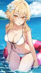 Rule 34 | 1girl, absurdres, bikini, blonde hair, breasts, cloud, collarbone, commentary, crossed bangs, day, english commentary, flower, genshin impact, hair flower, hair ornament, highres, innertube, large breasts, leaning forward, looking at viewer, lumine (genshin impact), navel, ocean, orange eyes, outdoors, parted lips, sidelocks, solo, stomach, swim ring, swimsuit, thighs, wading, water, white flower, zeragoes