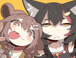 Rule 34 | 2girls, :3, absurdres, animal ear fluff, animal ears, black hair, blush, bone hair ornament, brown eyes, brown hair, cocomayo29 (tomato), collar, commentary, dog ears, dog girl, fang, hair ornament, highres, hololive, inugami korone, inugami korone (1st costume), looking at viewer, multicolored hair, multiple girls, ookami mio, ookami mio (1st costume), photo-referenced, red collar, red hair, sailor collar, simple background, streaked hair, symbol-only commentary, tongue, tongue out, upper body, virtual youtuber, white sailor collar, wolf ears, wolf girl, yellow background