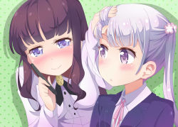 Rule 34 | 2girls, absurdres, blue eyes, blush, brown hair, closed mouth, flower, hair flower, hair ornament, highres, kukie-nyan, long hair, looking at another, multiple girls, new game!, parted lips, purple eyes, purple hair, smile, stylus, suzukaze aoba, takimoto hifumi, twintails, upper body