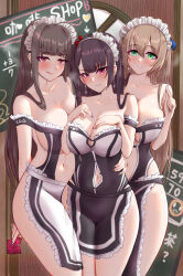 Rule 34 | 3girls, alternate costume, bare shoulders, black hair, blush, breasts, brown hair, chinese commentary, cleavage, closed mouth, collarbone, commentary request, cowboy shot, dsr-50 (girls&#039; frontline), girls&#039; frontline, green eyes, highres, large breasts, long hair, looking at viewer, maid headdress, multiple girls, navel, parted lips, popoman, purple eyes, red eyes, smile, springfield (girls&#039; frontline), thighs, wa2000 (girls&#039; frontline)