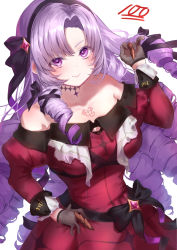 Rule 34 | 1girl, absurdres, blush, breasts, choker, closed mouth, dress, gloves, headband, highres, hyakumantenbara salome, hyakumantenbara salome (1st costume), large breasts, looking at viewer, meatn, nijisanji, purple eyes, purple hair, red dress, smile, solo, tattoo, virtual youtuber, white background
