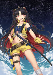 Rule 34 | 1girl, :d, armband, black bow, black hair, bow, cloud, collarbone, diadem, earrings, fate/grand order, fate (series), fingerless gloves, gloves, hair bow, hand on own hip, highres, ishtar (fate), jewelry, katana, long hair, looking at viewer, midriff, multicolored hair, navel, open mouth, outdoors, outstretched hand, red eyes, red hair, sheath, sheathed, short shorts, shorts, sky, sleeveless, smile, solo, space ishtar (second ascension) (fate), standing, star (sky), starry sky, stomach, sword, thigh strap, twintails, two-tone hair, very long hair, weapon, yellow gloves, yellow shorts, yuki7128