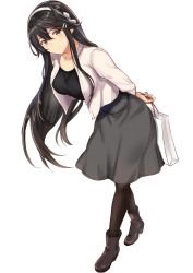 Rule 34 | 1girl, alternate costume, arms behind back, bag, black hair, black pantyhose, black shirt, blush, boots, breasts, casual, collarbone, contemporary, full body, grey skirt, hair between eyes, hair ornament, hairband, hairclip, haruna (kancolle), highres, jacket, jewelry, kantai collection, large breasts, long hair, long sleeves, pantyhose, pendant, shirt, shopping bag, simple background, skirt, smile, solo, terry (pixiv3274443), white background, white jacket, yellow eyes