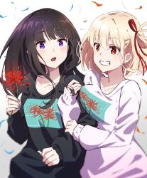 Rule 34 | 2girls, :o, arm hug, black hair, black sweater, blonde hair, blue nails, blush, breasts, chromatic aberration, clenched teeth, collarbone, commentary, floral print, flower, hair ribbon, highres, holding, holding flower, hyoe (hachiechi), inoue takina, long hair, looking at viewer, lycoris recoil, medium breasts, multiple girls, nail polish, nishikigi chisato, open mouth, purple eyes, red eyes, red nails, red ribbon, ribbon, short hair, sidelocks, simple background, smile, spider lily, sweater, teeth, upper body, white background, white sweater, yuri