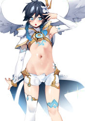 Rule 34 | 1boy, :o, armpits, artist name, black hair, blue hair, blush, body markings, braid, bulge, commentary, contemporary, cowboy shot, crop top, detached sleeves, english commentary, erection, erection under clothes, feathered wings, flower, genshin impact, glint, gradient hair, groin, hair between eyes, hair flower, hair ornament, hand up, highres, kani fish, lower teeth only, male focus, medium hair, midriff, multicolored hair, navel, open mouth, short shorts, shorts, sidelocks, simple background, single thighhigh, small penis, solo, standing, stomach, sweat, tagme, teeth, thighhighs, trap, twin braids, venti (archon) (genshin impact), venti (genshin impact), waist cape, white background, white shorts, white sleeves, white thighhighs, wings