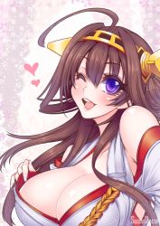 Rule 34 | 10s, 1girl, ;d, ahoge, armpit peek, bad id, bad pixiv id, bare shoulders, blush, breasts, brown hair, cleavage, collarbone, detached sleeves, double bun, hairband, headgear, heart, japanese clothes, kantai collection, kongou (kancolle), large breasts, long hair, looking at viewer, nontraditional miko, one eye closed, open mouth, purple eyes, sidelocks, smile, solo, suzuneko (yume no kyoukai), twitter username, upper body