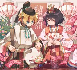 Rule 34 | 1boy, 1girl, absurdres, black hair, black headwear, blonde hair, character request, closed mouth, folding fan, food, green eyes, hair between eyes, hand fan, headpiece, highres, holding, holding fan, holding food, indoors, japanese clothes, kimono, kuuron (moesann17), layered clothes, layered kimono, mole, mole under eye, multicolored hair, pink kimono, puzzle &amp; dragons, red eyes, red hair, short hair, streaked hair, tongue, tongue out, v-shaped eyebrows, white kimono