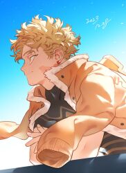 Rule 34 | 1boy, black shirt, blonde hair, blue sky, boku no hero academia, brown jacket, closed mouth, collarbone, dated, earrings, fur-trimmed jacket, fur trim, hawks (boku no hero academia), jacket, jacket on shoulders, jewelry, leaning, looking ahead, male focus, outdoors, pon52io, scar, scar on face, shirt, sky, solo