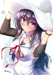 Rule 34 | ..., 1girl, black hair, blue background, blush, bracelet, breasts, cleavage, detached sleeves, dress, hat, highres, holding, holding hat, jewelry, lens flare, long hair, looking at viewer, medium breasts, mokufuu, original, purple eyes, red ribbon, ribbon, sailor collar, solo, spoken ellipsis, sun hat, twitter username, upper body, white background, white dress