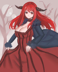Rule 34 | 10s, 1girl, bad id, bad pixiv id, bare tree, breasts, choker, cleavage, clothes grab, dress, floating hair, fur trim, gown, highres, horns, large breasts, long hair, long sleeves, maou (maoyuu), maoyuu maou yuusha, red dress, red eyes, red hair, rero (bigdoorbig2), sleeves past wrists, solo, striped clothes, striped dress, tree, vertical-striped clothes, vertical-striped dress