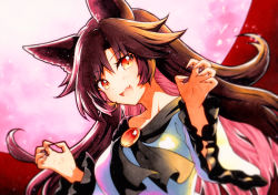 Rule 34 | 1girl, animal ears, breasts, brooch, brown hair, dress, eyelashes, fang, fingernails, frills, full moon, highres, imaizumi kagerou, jewelry, long fingernails, long hair, long sleeves, looking at viewer, moon, open mouth, pink moon, qqqrinkappp, red eyes, smile, solo, touhou, traditional media, upper body, white dress, wide sleeves, wolf ears