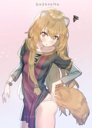 Rule 34 | 1girl, animal ear fluff, animal ears, blush, brown eyes, brown hair, character name, commentary request, dress, gradient background, layered sleeves, long hair, long sleeves, open mouth, panties, raccoon girl, raphtalia, short over long sleeves, short sleeves, simple background, solo, squiggle, subachi, tail, tate no yuusha no nariagari, twitter username, underwear