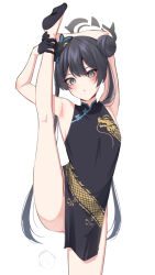 Rule 34 | 1girl, arm behind head, armpits, doodle sensei (blue archive), ass, bare shoulders, black dress, black footwear, black gloves, black hair, blue archive, blue eyes, blush, china dress, chinese clothes, double bun, dragon print, dress, gloves, hair bun, hair ornament, halo, highres, kisaki (blue archive), looking at viewer, nanohana (november.), sensei (blue archive), simple background, sleeveless, sleeveless dress, solo, split, standing, standing on one leg, standing split, twintails, white background