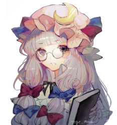 Rule 34 | 1girl, bat wings, bespectacled, black-framed eyewear, black neckwear, blue bow, blue ribbon, book, bow, clenched teeth, crescent, crescent hair ornament, dress, embodiment of scarlet devil, frilled dress, frilled sleeves, frills, glasses, hair ornament, hat, hat ribbon, holding, holding book, long hair, looking at viewer, mob cap, mochacot, patchouli knowledge, purple eyes, purple hair, red bow, red ribbon, ribbon, shirt, simple background, striped clothes, striped dress, teeth, touhou, upper body, white background, wings