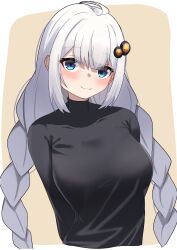 Rule 34 | 1girl, :3, absurdres, ahoge, alternate costume, aqua eyes, arms behind back, black shirt, blue eyes, blush, braid, breasts, casual, closed mouth, contrapposto, covered collarbone, cropped torso, grey hair, hair between eyes, hair ornament, highres, kizuna akari, large breasts, leaning back, leaning to the side, long hair, long sleeves, looking at viewer, nise no tsubo, see-through silhouette, shirt, sidelocks, simple background, smile, solo, taut clothes, taut shirt, turtleneck, twin braids, upper body, very long hair, voiceroid, white hair