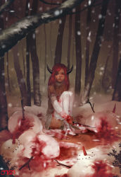 Rule 34 | 1girl, absurdres, blood, blood on clothes, blood on face, blood on hands, blood splatter, carrot, choker, collarbone, detached sleeves, dress, forest, full body, grass, highres, holding, holding knife, j jp, knife, long hair, long sleeves, looking away, looking up, nature, no shoes, original, outdoors, parted lips, red eyes, red hair, sitting, snow, snowing, snowman, solo, stick, strapless, strapless dress, thighhighs, white dress, white thighhighs