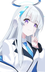Rule 34 | 1girl, blue archive, blue necktie, breasts, closed mouth, collared shirt, commentary request, grey hair, halo, hand up, headgear, jacket, long hair, long sleeves, medium breasts, necktie, noa (blue archive), o (rakkasei), puffy long sleeves, puffy sleeves, purple eyes, shirt, simple background, smile, solo, upper body, white background, white jacket, white shirt