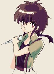 Rule 34 | 1other, androgynous, atoymk, black headband, black shirt, bright pupils, brown eyes, brown hair, collared shirt, commentary, dagger, english commentary, green shirt, grey background, headband, highres, holding, holding dagger, holding knife, holding weapon, knife, kurohebi, len&#039;en, medium hair, open clothes, open shirt, other focus, parted lips, shirt, short sleeves, simple background, takahashi rumiko (style), upper body, v-neck, weapon, white pupils
