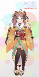 Rule 34 | 1girl, ahoge, alternate costume, black hairband, blue eyes, blunt bangs, bow, breasts, brown hair, character name, clenched hands, copyright name, detached sleeves, fur trim, hairband, highres, hololive, japanese clothes, kimono, kobi (piliheros2000), logo, ma matsuri, medium breasts, obi, red bow, sash, smile, solo, thighhighs, two side up, virtual youtuber, wide sleeves, yukata