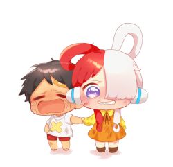 Rule 34 | ..., 1boy, 1girl, aged down, artist request, black hair, chibi, child, crying, dress, full body, headphones, highres, injury, long hair, looking at viewer, monkey d. luffy, multicolored hair, one piece, one piece film: red, red hair, short hair, simple background, standing, teardrop, tears, two-tone hair, uta (one piece), very long hair, wavy eyes, wavy mouth, white background, yellow dress