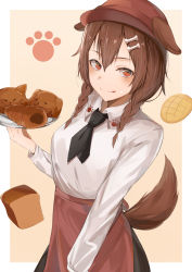 Rule 34 | 1girl, absurdres, animal ears, apron, black necktie, black skirt, bone hair ornament, braid, bread, breasts, brown hair, chocolate cornet, closed mouth, collared shirt, commentary, cowboy shot, cream, cream on face, dog ears, dog girl, dog tail, dogxfish, food, food on face, hair between eyes, hair ornament, head, highres, hololive, inugami korone, licking lips, long sleeves, looking at viewer, medium breasts, medium hair, melon bread, necktie, pink background, plate, red eyes, red headwear, shirt, short necktie, side braids, simple background, skirt, smile, solo, tail, tongue, tongue out, twin braids, virtual youtuber, white shirt, wing collar