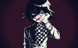 Rule 34 | 1boy, atuiutini ute, black hair, blood, blood on face, buttons, checkered clothes, checkered scarf, closed mouth, danganronpa (series), danganronpa v3: killing harmony, double-breasted, hair between eyes, hand up, highres, long sleeves, looking at viewer, male focus, oma kokichi, purple eyes, red background, scarf, short hair, smile, solo, torn clothes, torn scarf, upper body