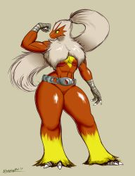 Rule 34 | 1girl, 2017, absurdres, arm up, artist name, beak, beige background, belt, blaziken, blue eyes, breasts, claws, clenched hand, colored sclera, creatures (company), dated, feet, female focus, flexing, full body, furry, furry female, game freak, gen 3 pokemon, hair tie, highres, large breasts, legs apart, long hair, looking down, mega pokemon, mega stone, muscular, navel, nintendo, platinum blonde hair, pokemon, pokemon (creature), pokemon rse, ponytail, shiny skin, signature, simple background, sleepingeel, solo, standing, text focus, thick thighs, thighs, very long hair, yellow sclera