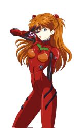 Rule 34 | 1girl, amondetauro, blue eyes, blush, bodysuit, breasts, brown hair, gloves, hair ornament, highres, long hair, looking at viewer, medium breasts, neon genesis evangelion, open mouth, plugsuit, red bodysuit, red gloves, simple background, souryuu asuka langley, thank you, white background, wide hips