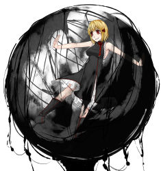 Rule 34 | 1girl, adapted costume, aoshima, armpits, backless dress, backless outfit, bare arms, blonde hair, boots, breasts, darkness, dress, frills, grin, hair ribbon, highres, knee boots, looking away, medium breasts, open hand, orb, outstretched arms, red eyes, ribbon, rumia, short hair, simple background, smile, solo, spread arms, touhou, white background