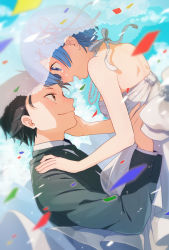Rule 34 | 10s, 1boy, 1girl, :d, bare arms, bare shoulders, bead necklace, beads, black hair, black jacket, black necktie, blue eyes, blue hair, blurry, bridal veil, bride, brown eyes, carrying, closed mouth, cloud, collared shirt, confetti, couple, day, depth of field, dress, eye contact, eyelashes, formal, from side, groom, hair ornament, hair ribbon, hairclip, halterneck, hand on another&#039;s face, hand on another&#039;s shoulder, happy, hetero, jacket, jewelry, light particles, long dress, long sleeves, looking at another, motion blur, natsuki subaru, necklace, necktie, open mouth, pearl necklace, re:zero kara hajimeru isekai seikatsu, rem (re:zero), ribbon, see-through, shade, shake sawa, shirt, short hair, sky, smile, tears, tuxedo, veil, wedding, wedding dress, white shirt, x hair ornament
