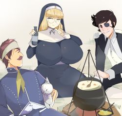 Rule 34 | 1girl, 2boys, absurdres, animal, blonde hair, breasts, cat, cleavage, curvy, cuteakita, dress, eyepatch, facial hair, food, glasses, headband, highres, holding, holding spoon, huge breasts, long hair, looking at viewer, lying, mole, mole under eye, multiple boys, mustache, nun, original, outdoors, sor inocencia (cuteakita), soup, spoon, sweat, taut clothes, taut dress, wooden spoon