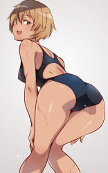 Rule 34 | 1girl, ass, black one-piece swimsuit, blonde hair, brave witches, brown eyes, competition swimsuit, em (totsuzen no hakike), from behind, hair between eyes, hands on own legs, kneepits, leaning forward, looking at viewer, looking back, one-piece swimsuit, open mouth, short hair, simple background, smile, solo, standing, swimsuit, waltrud krupinski, wet, white background, world witches series