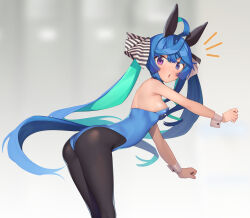 Rule 34 | 1girl, @ @, absurdres, ahoge, animal ears, ass, black pantyhose, blue hair, blue leotard, blush, breasts, commentary request, fake animal ears, heterochromia, highres, horse ears, horse girl, horse tail, leotard, long hair, looking at viewer, medium breasts, multicolored hair, open mouth, pantyhose, partner (kprtnr), playboy bunny, rabbit ears, sideboob, solo, tail, twin turbo (umamusume), twintails, umamusume, wrist cuffs